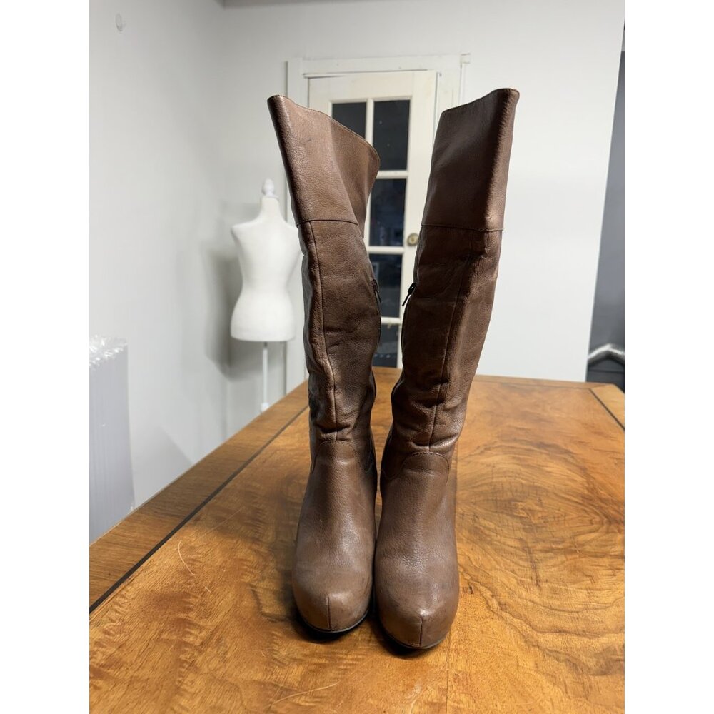 Steve Madden Women’s 8.5 Brown Leather Knee High Chunky Heel Platform Boots - Picture 7 of 10